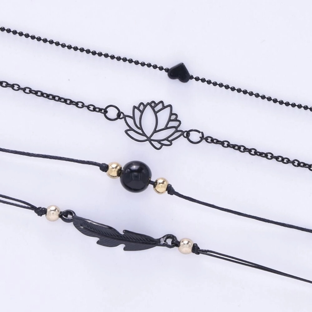 NEW 4 pc Black Boho Lotus Adjustable Bracelet Set - Picture 6 of 16